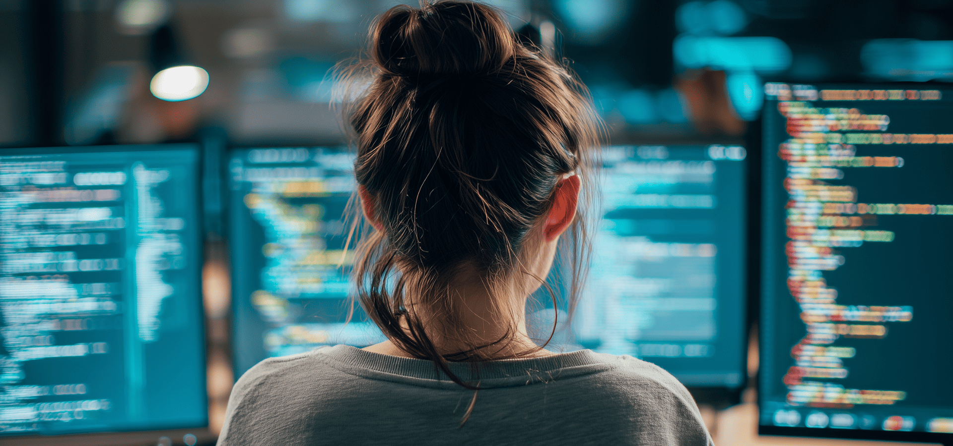 Étudiante en informatique devant des écrans de code
